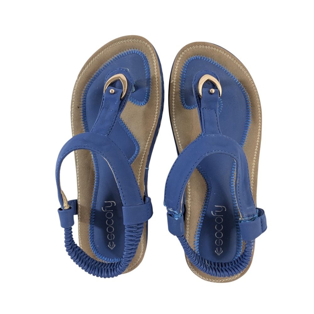 Socofy Blue Strappy Thong Sandals Womens Size 6 Elastic Slingback Gold Detail